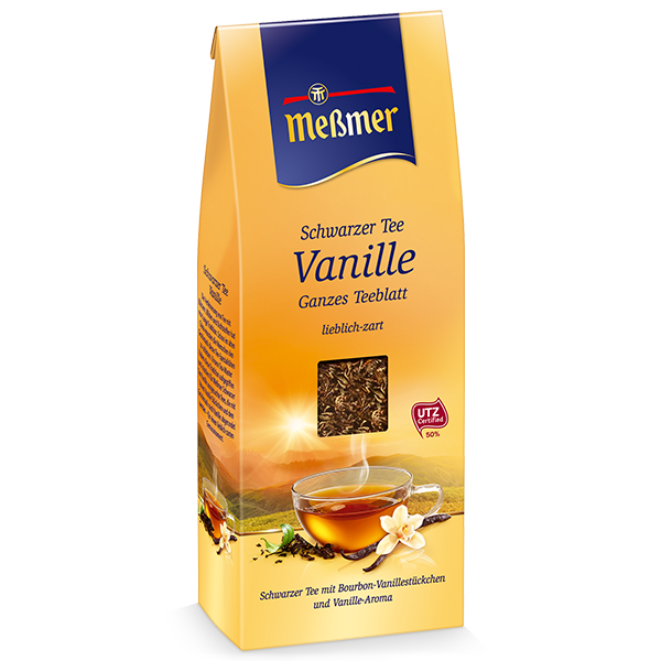 Verpackung von Schwarzer Tee Vanille (Kopie) mit Vanilleschote, Teeblättern und dampfender Tasse, warmes gelbes Design für aromatischen Schwarztee mit Vanillegeschmack.