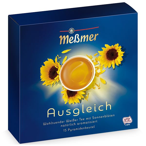 Entschleunigung zeigt eine stilvolle Verpackung mit einer Tasse Tee und Sonnenblumen, die ein beruhigendes und ausgeglichenes Gefühl vermittelt.