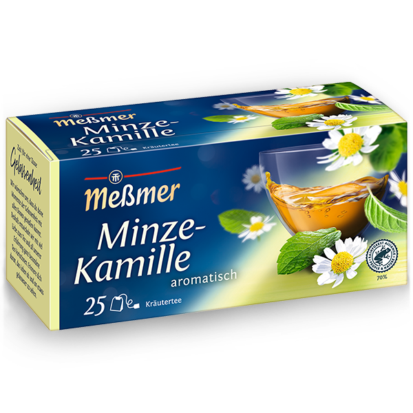 Verpackung von Nanaminze Minze-Kamille Tee mit Kräutern, einer Teetasse und Kamillenblüten auf blau-gelbem Hintergrund.