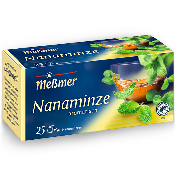 Bio Apfel-Zitrone Tee mit frischen Nanaminzblättern und aromatischem Aufguss in einer blauen Verpackung, die 25 Beutel enthält.