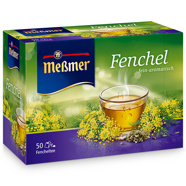 Meßmer Fencheltee Verpackung mit dampfender Tasse Tee und Fenchelblüten, Produkt Aronia-Vanille im Fokus, natürliche grüne und lilafarbene Gestaltung.