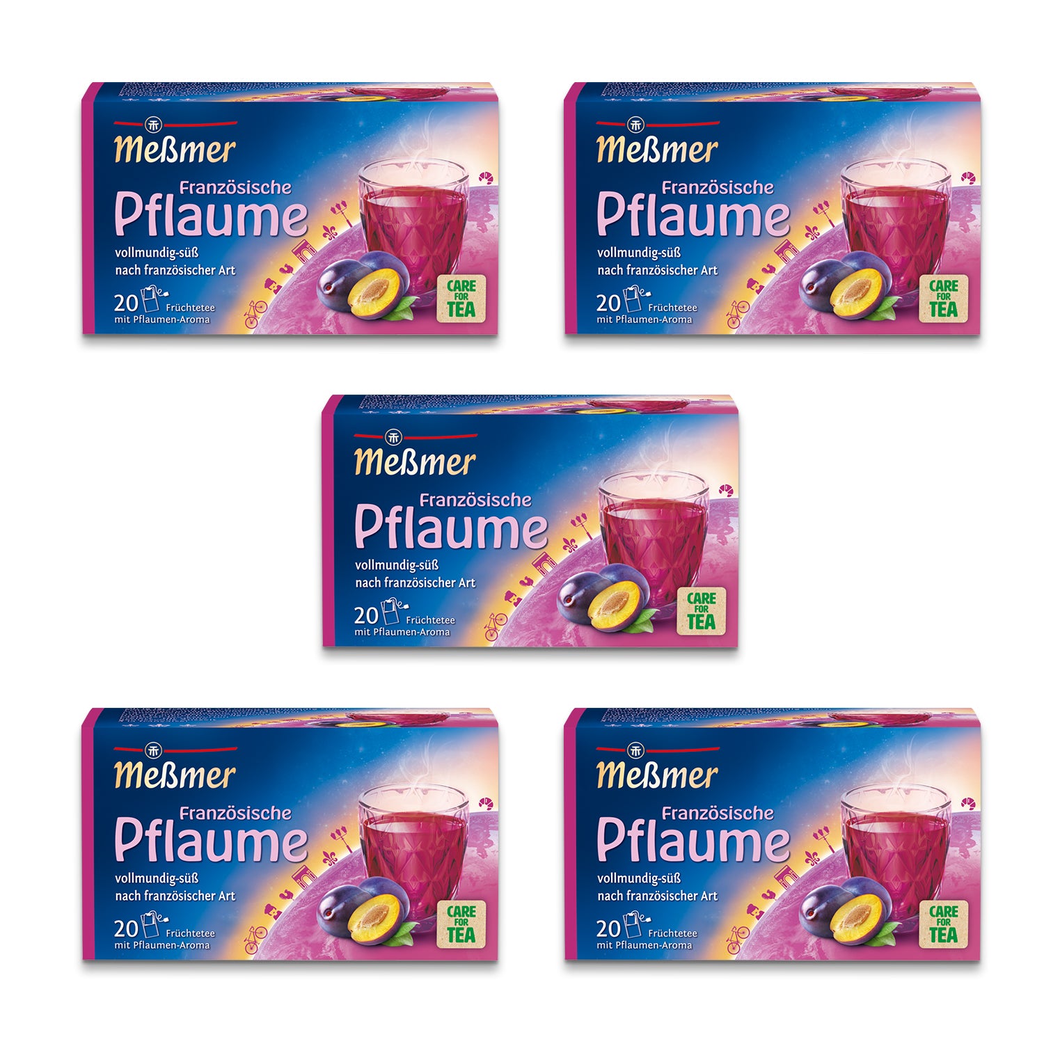 Verpackungen von Französische Pflaume Früchtetee mit dampfender Teetasse, Pflaumenillustrationen und Hinweis auf vollmundig-süßen Geschmack in französischer Art.