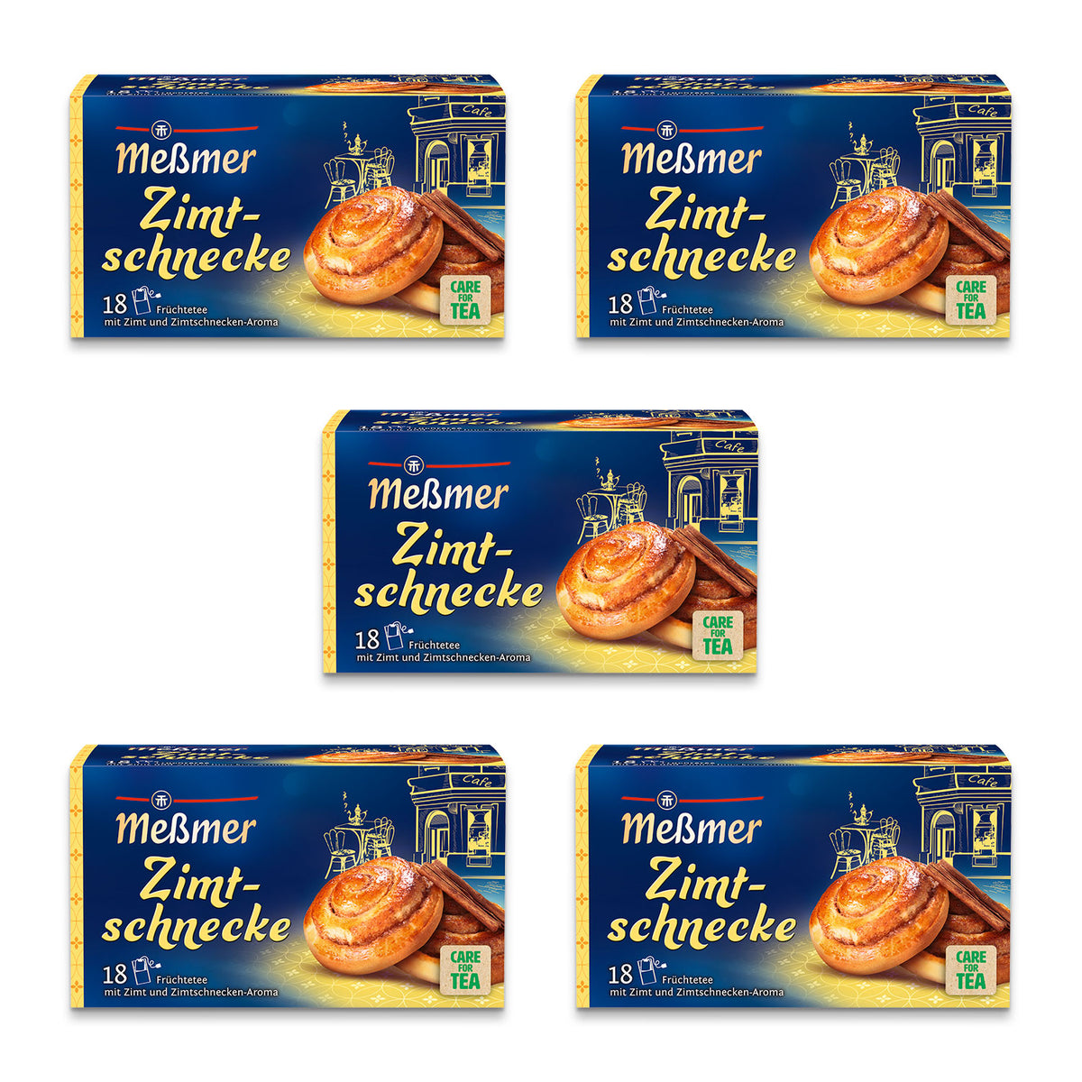 Fünf Packungen Meßmer Zimtschnecke Früchtetee mit Zimtschneckenabbildung auf weißem Hintergrund