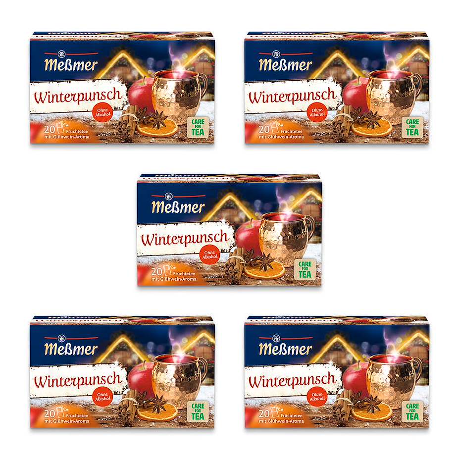 Winterpunsch in fünf Packungen mit je 20 Teebeuteln und winterlichem Heißgetränk mit Orange und Gewürzen