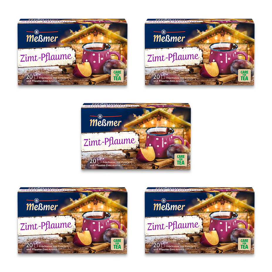 Fünf Packungen Meßmer Zimt-Pflaume Früchtetee mit Zimt Pflaumen und winterlichem Tassenmotiv auf weißem Hintergrund