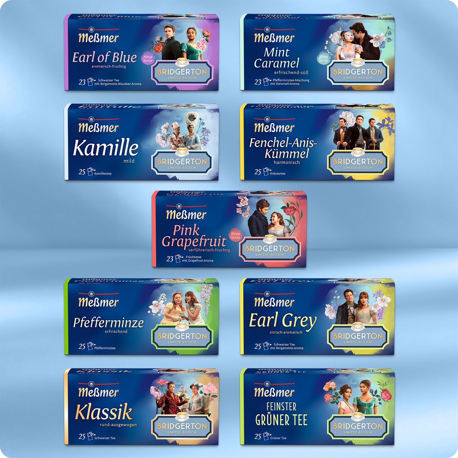 Vielseitige Auswahl an Teesorten der Lady Whistledown Tea-Collection in ansprechender Verpackung, ideal für entspannende Genussmomente zu Hause.