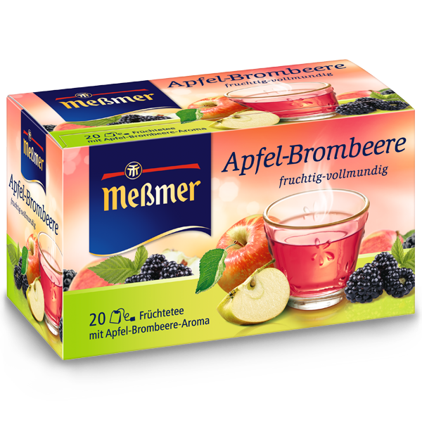 Packung mit Apfel-Brombeere (Kopie) Früchtetee, zeigt Teeglas mit rotem Tee und frischen Äpfeln sowie Brombeeren auf orangefarbenem Hintergrund.