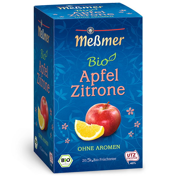 Verpackung von Bio Klassik Früchtetee Apfel Zitrone mit Apfel und Zitronenscheibe auf blauem Hintergrund ohne Aromen und UTZ Zertifizierung.