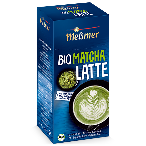 Verpackung eines Bio Kurkuma Latte Produkts mit grünem Getränk und Text, das als Bio Kurkuma Latte gekennzeichnet ist.