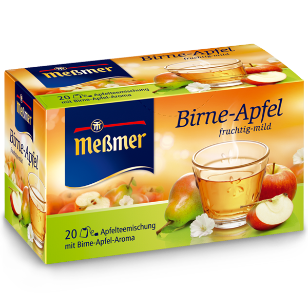 Verpackung eines fruchtigen Tees mit Birnen- und Apfelgeschmack namens Birne Apfel (Kopie) mit Glas gefüllt mit hellem Tee und frischen Früchten im Hintergrund.