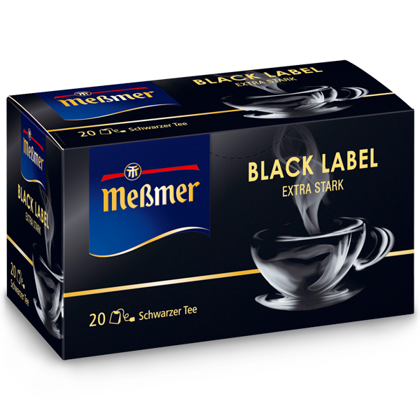 Verpackung eines schwarzen Tees mit Branding, beschriftet mit Black Label (Kopie) und Darstellung einer dampfenden Teetasse in dunklem Design.