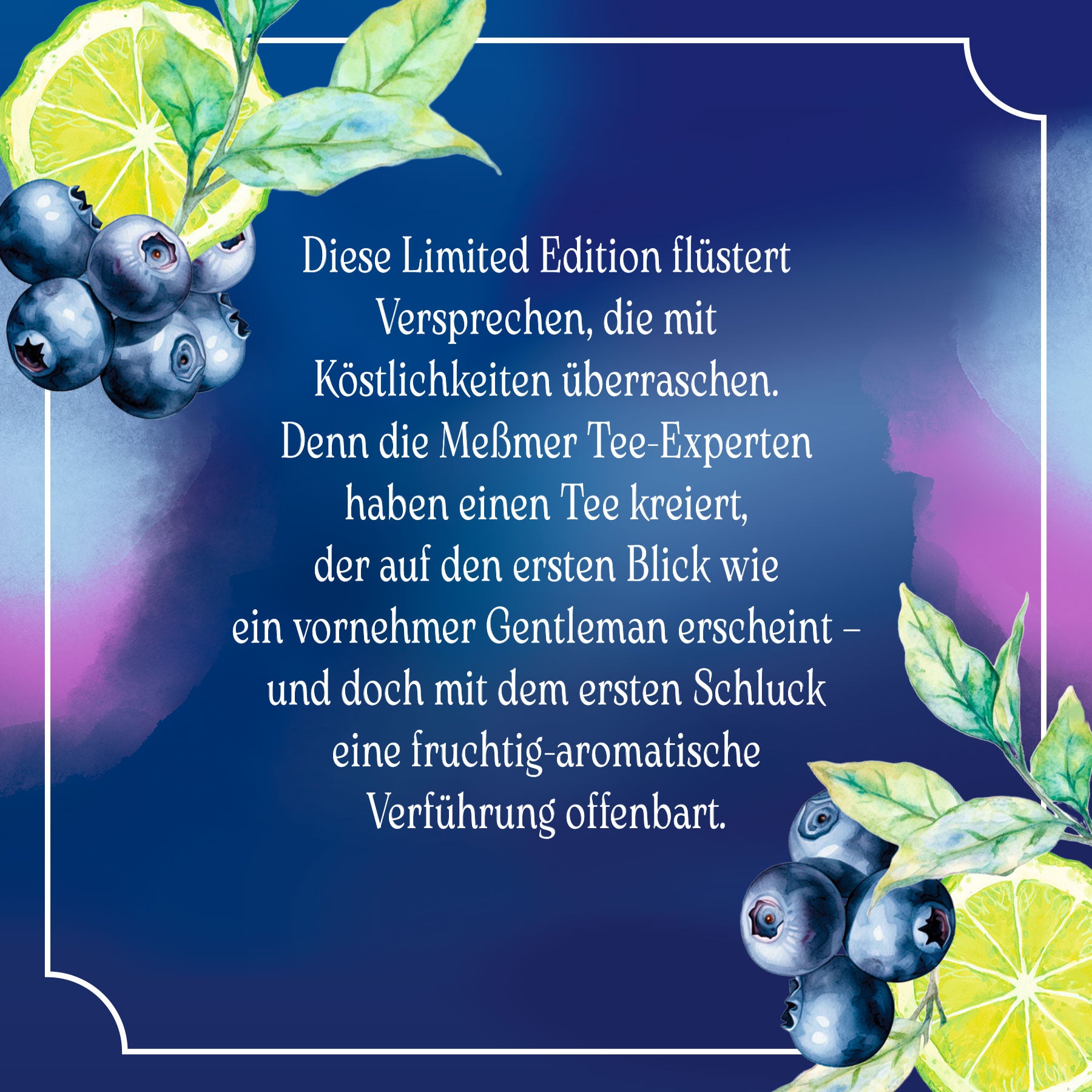 Elegantes Design mit Blaubeeren und Zitronenscheiben, das die fruchtig-aromatische Limited Edition Earl of Blue Tee in edlem, gentlemanhaftem Stil präsentiert.