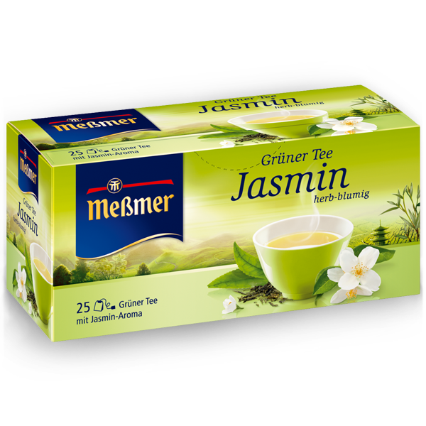 Verpackung des Tees Grünter Tee Jasmin (Kopie) mit grünem Becher, dampfendem Tee und Jasminblüten, frisches und aromatisches Design in grünen und gelben Farbtönen.