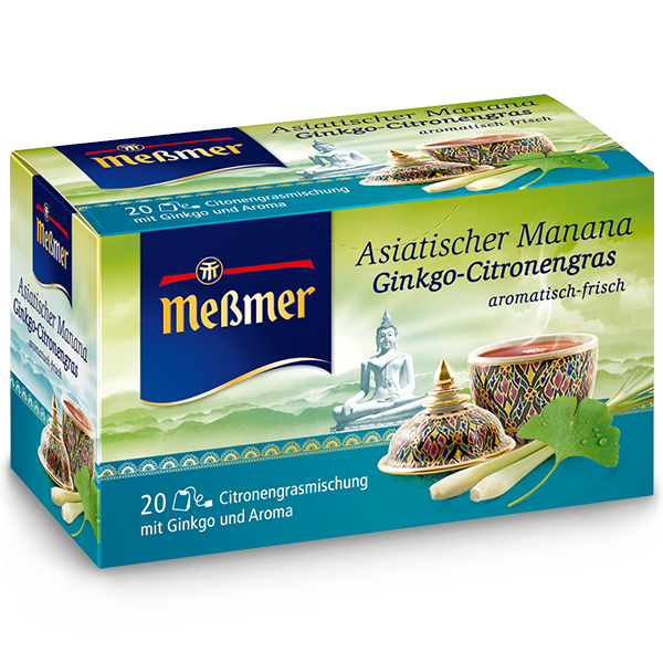Packung mit aromatischer asiatischer Manana Ginkgo-Citronengras Mischung, passend zum Mandarine Grapefruit Geschmack, grün und frisch präsentiert.