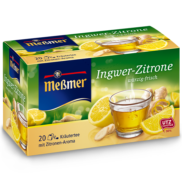 Produktverpackung von Acaibeere Holunderblüte mit Teetasse, Zitronen und Ingwer, die eine würzig-frische Kräuterteemischung zeigt.