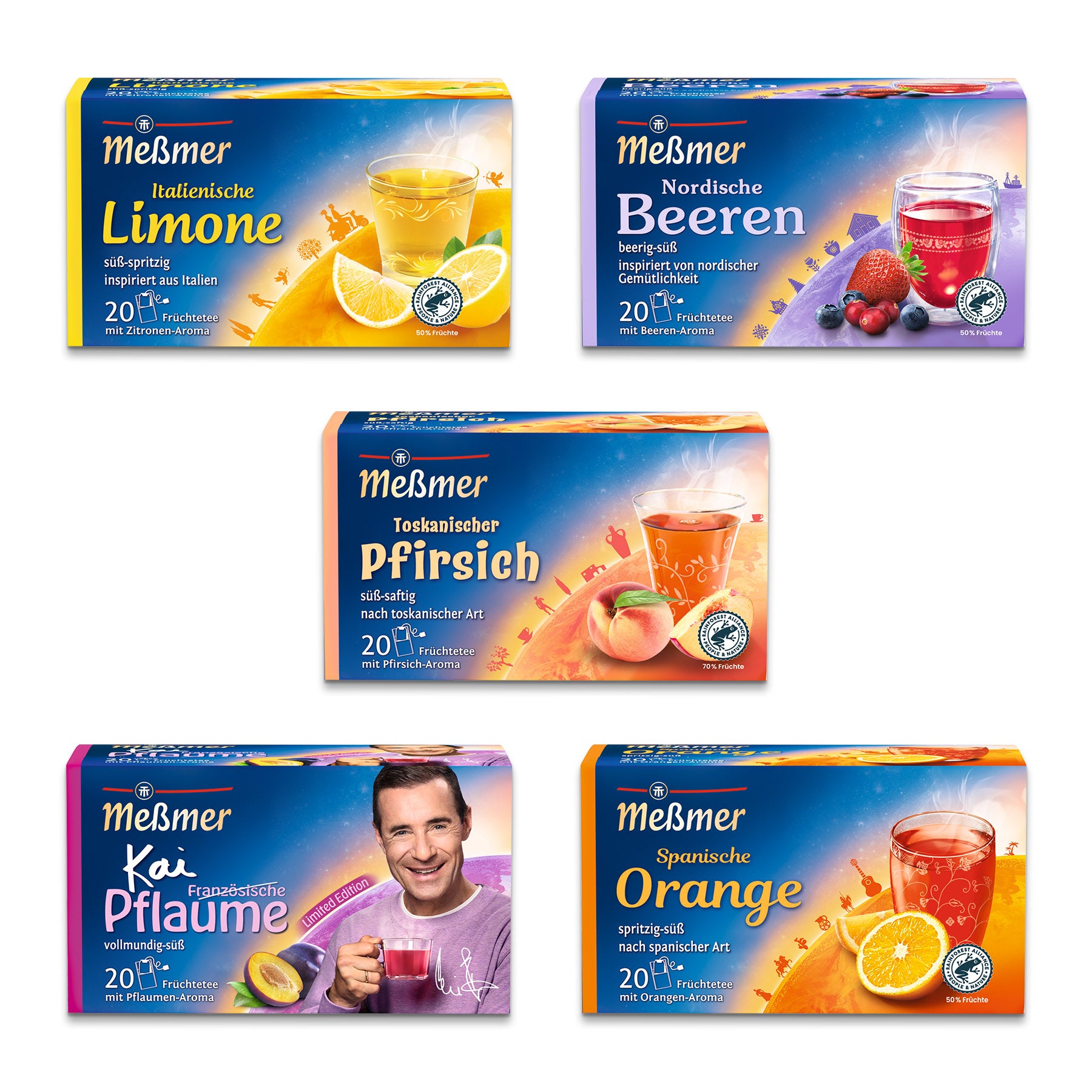 Ländertee Bestseller Set mit fünf Sorten: Italiensche Limone, Nordische Beeren, Toskanischer Pfirsich, Französische Pflaume und Spanische Orange, jeweils mit Fruchtaroma.