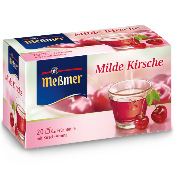 Verpackung von Meßmer Milde Kirsche (Kopie) Früchtetee mit Kirsch-Aroma, Tasse mit rotem Kirschtee und frischen Kirschen auf rosa Hintergrund.