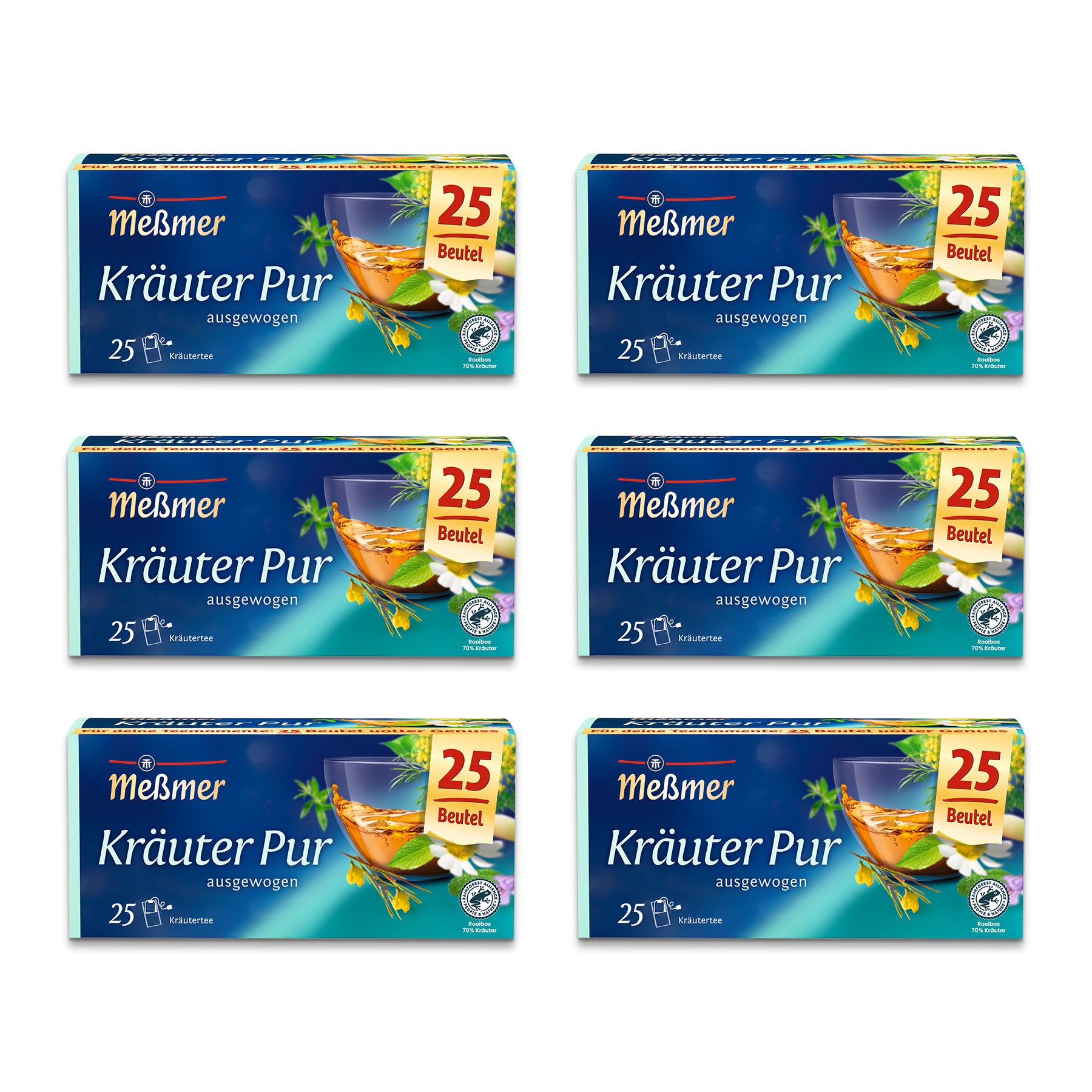 Sechs Schachteln Meßmer Kräuter Pur Tee mit je 25 Teebeuteln sind in zwei Dreierreihen angeordnet. Die Verpackung zeigt einen blauen Hintergrund mit Kräutern und einer Tasse Tee.