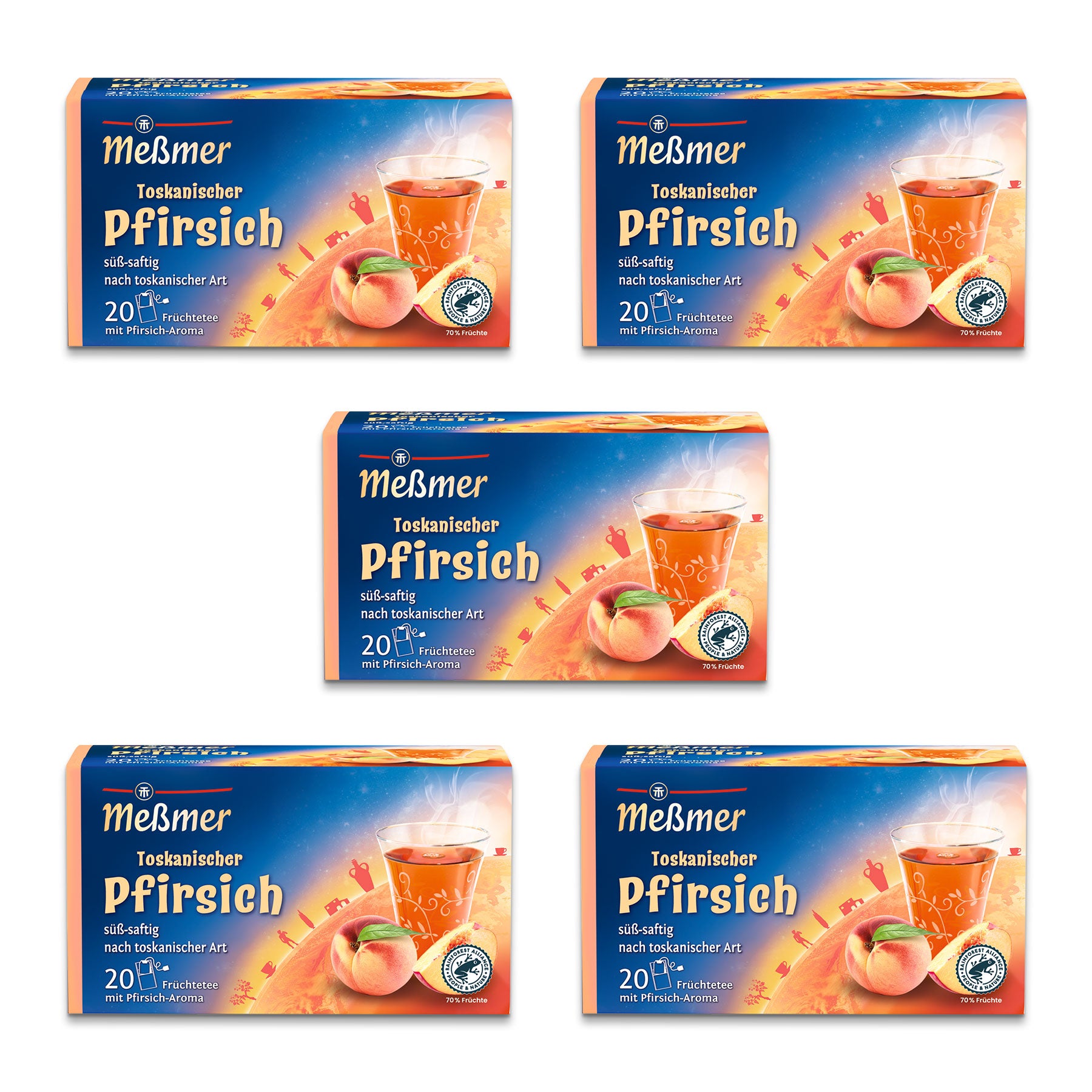 Fünf Schachteln Meßmer Toskanaischer Pfirsich Tee sind auf weißem Hintergrund angeordnet. Jede Schachtel zeigt ein Glas Pfirsichtee, ganze und geschnittene Pfirsiche und enthält 20 Teebeutel.