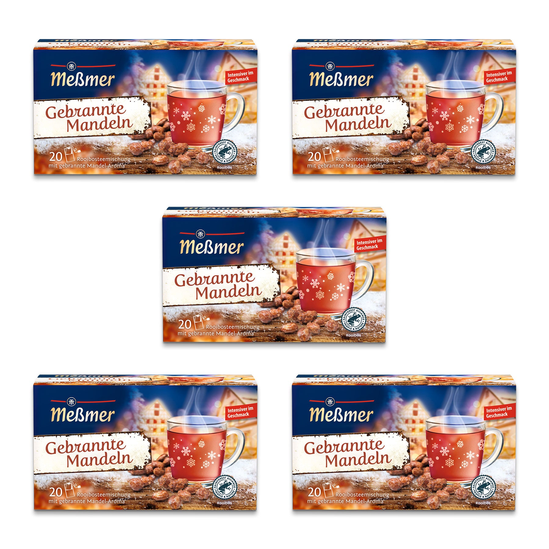 Fünf Schachteln Meßmer Gebrannte Mandeln, jede mit einer roten Festtagstasse mit weißen Schneeflocken, kandierten Mandeln und einem Wintermarkt-Hintergrund. Jede Schachtel enthält 20 Teebeutel.