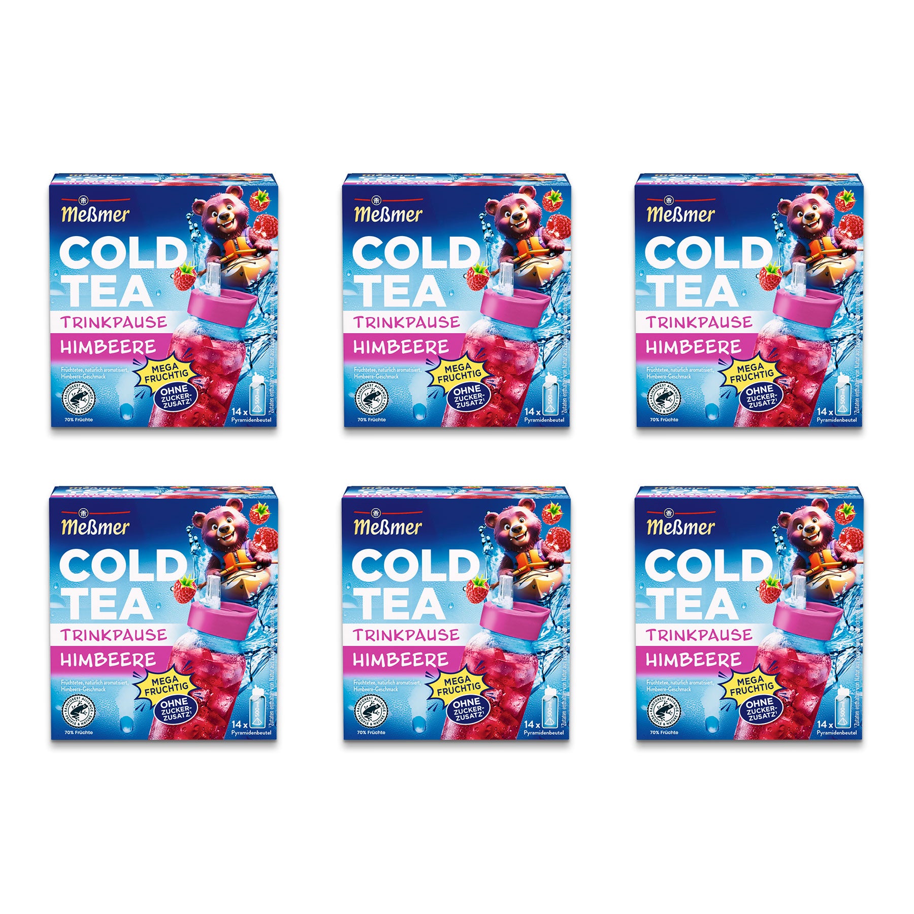 Sechs Schachteln Meßmer DE Cold Tea Himbeere sind in zwei Reihen angeordnet. Auf jeder blauen Schachtel sind eine Comicfigur, Himbeeren und ein Glas Eistee abgebildet und versprechen einen erfrischenden Geschmack.