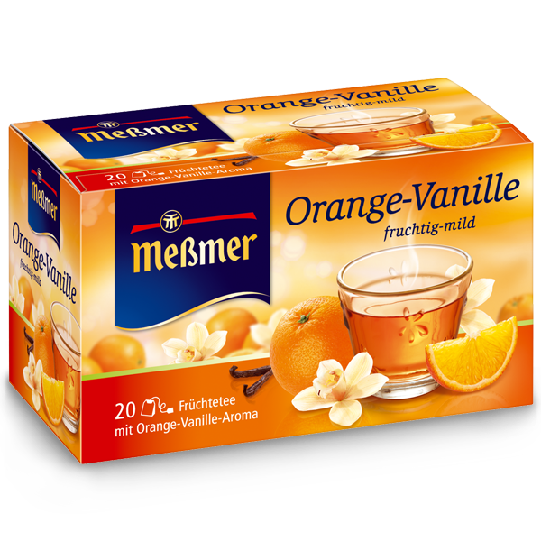Orange-Vanille (Kopie) Teeverpackung mit fruchtiger Orange, Vanilleblüten und einer Tasse dampfendem Tee im Vordergrund, einladend und mild aromatisch.