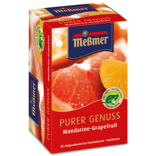 Meßmer PURER GENUSS Mandarine-Grapefruit Tee mit Bild von frischer Mandarine und Grapefruit zur Geschmacksdarstellung.