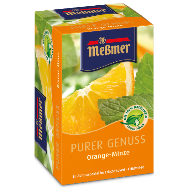 Verpackung von PURER GENUSS Orange-Minze (Kopie) mit Orangenscheiben und Minzblättern, hochwertiger Früchtetee mit 20 Teebeuteln, frischer Genuss in leuchtendem Orange-Grün-Design.
