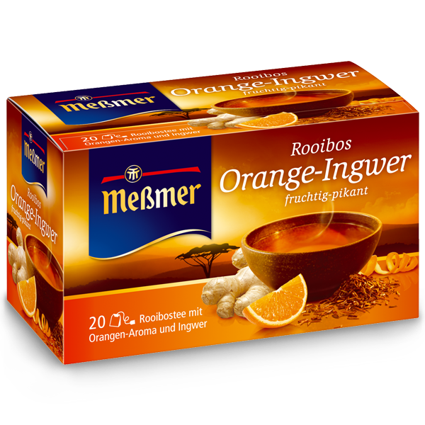 Packung Roobios Orange-Ingwer (Kopie) mit 20 Teebeuteln, fruchtig-pikanter Geschmack, abgebildet mit Orangenscheiben, Ingwerstücken und Tee in brauner Tasse.