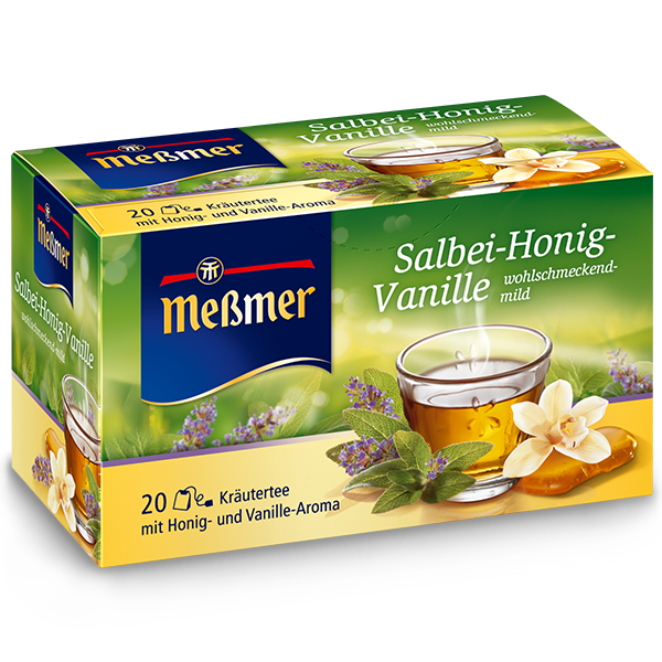 Fenchel 50er Verpackung mit Kräutertee, Honig und Vanille-Aroma, grün-gelbes Design mit Teetasse, Honigwabe, Vanilleschoten und Salbeiblättern abgebildet.