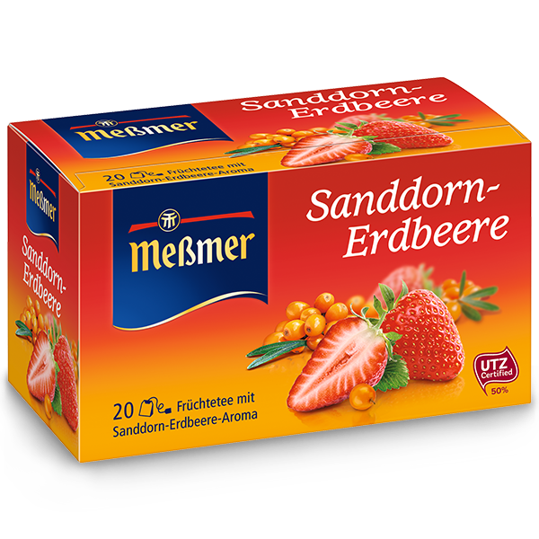 Verpackung von Sanddorn-Erdbeere Früchtetee mit frischen Beeren und Blättern, Produktname Himbeere-Cassis im Fokus.
