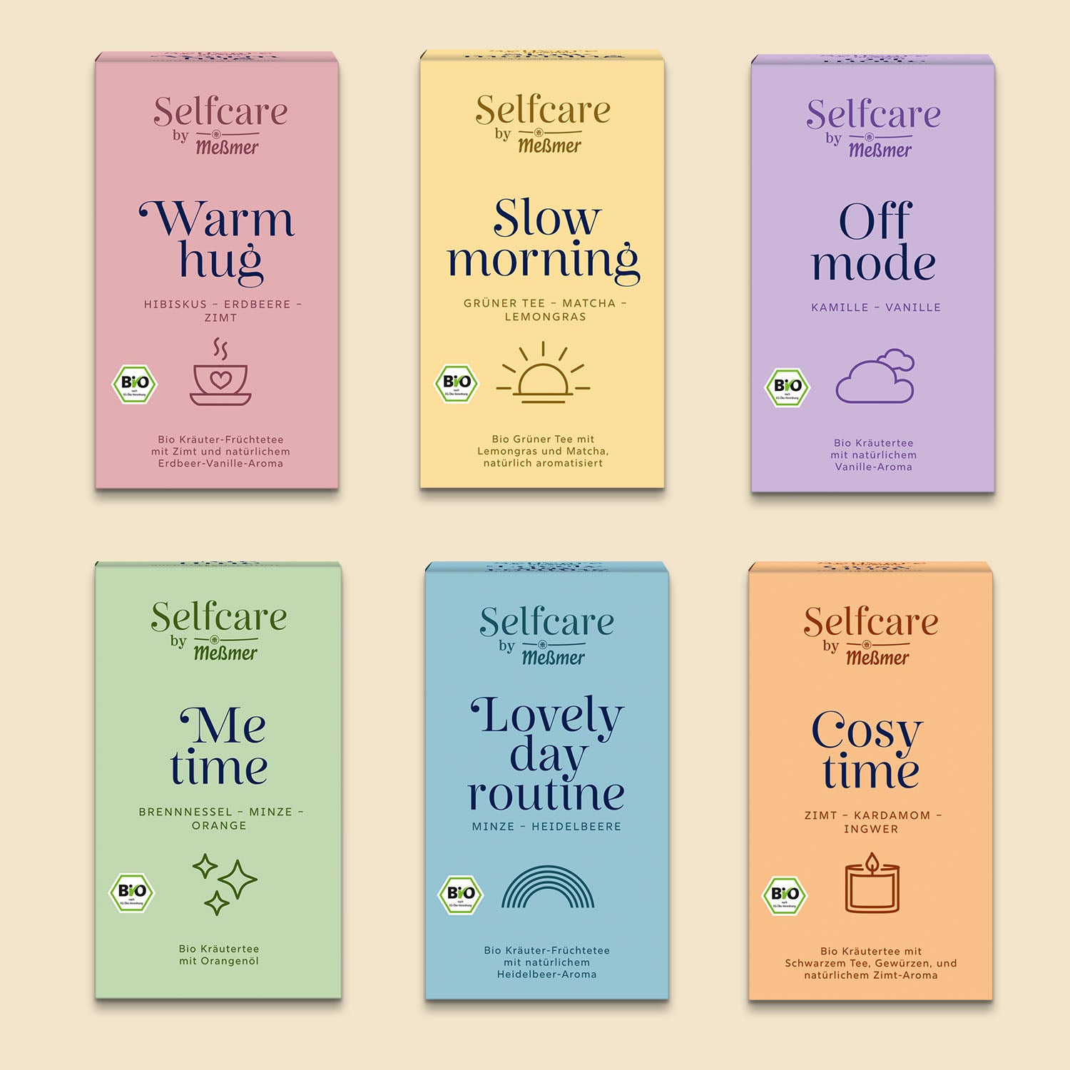 Sechs bunte Teepackungen der Selfcare Collection mit Bio-Kräuter- und Früchtetees, harmonisch arrangiert in Pastelltönen für entspannte Genussmomente.