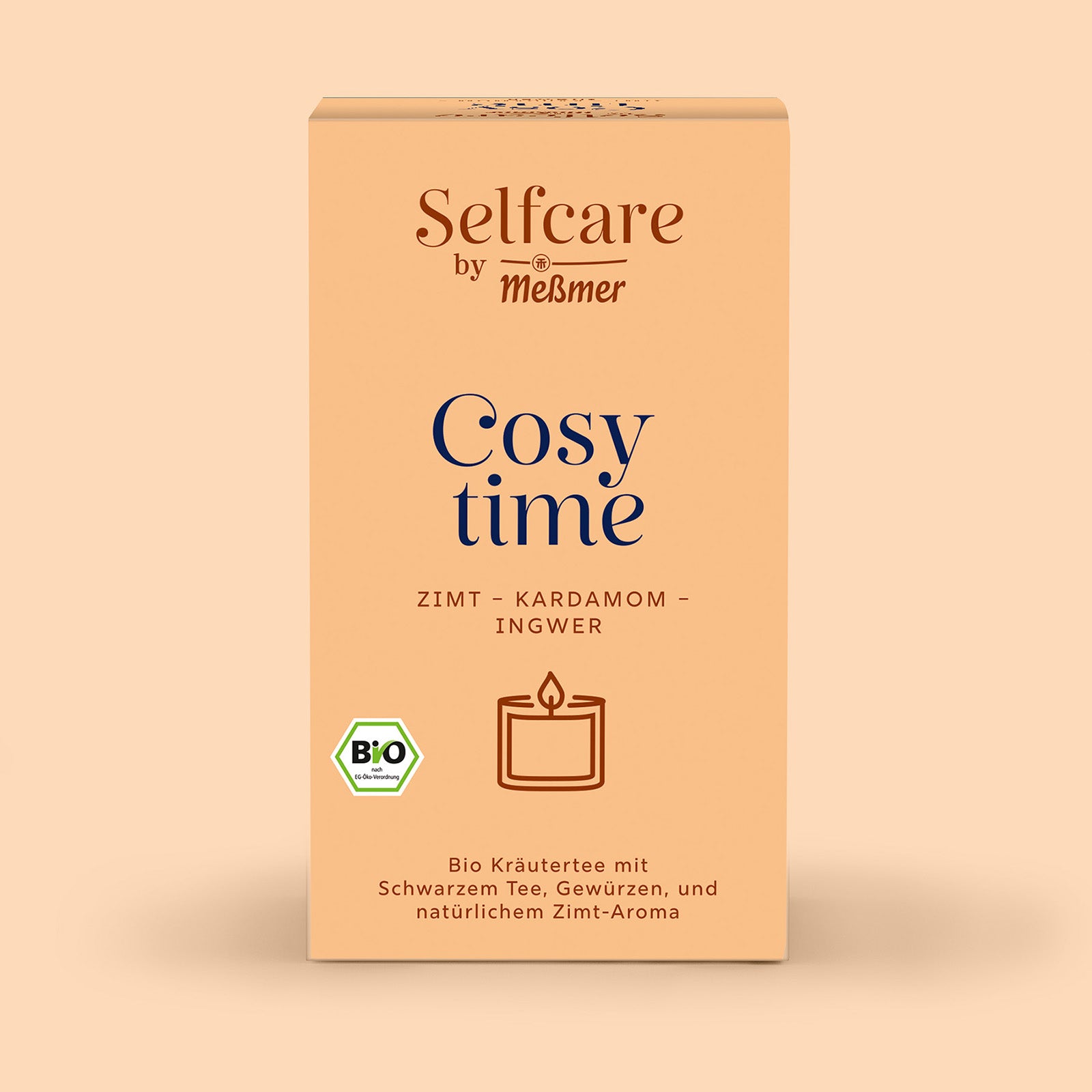 Selfcare Collection Bio-Kräutertee Cosy Time mit Zimt, Kardamom und Ingwer in warm-orangener Verpackung, für entspannte Genussmomente mit natürlichem Zimtaroma.