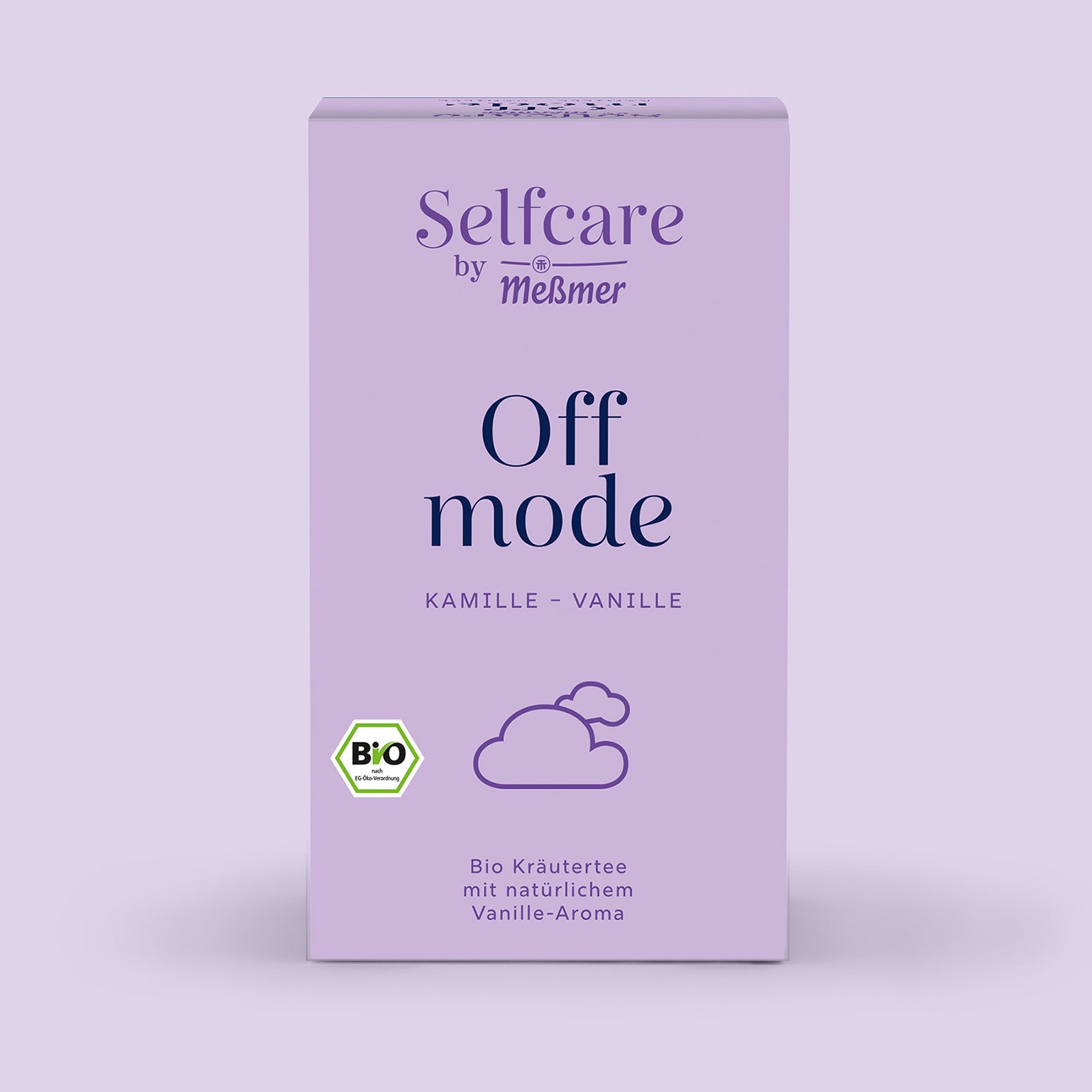 Selfcare Collection mit Bio-Kräutertee Off mode, Kamille und Vanille, sanfte lilafarbene Verpackung für entspannende Genussmomente mit natürlichem Vanille-Aroma.