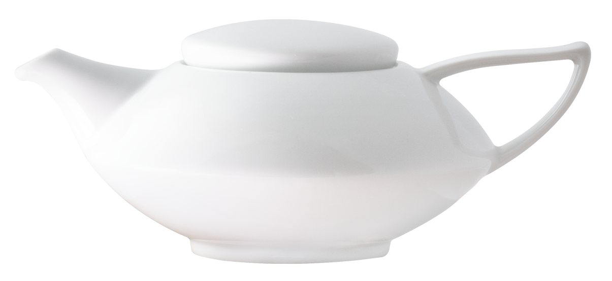 Die LEAFLine Teekanne mit Deckel von Meßmer DE ist eine moderne weiße Teekanne mit einem abgerundeten Körper, einem geschwungenen linken Ausguss, einem großen rechten Henkel und einem aufgesetzten Deckel vor einem schlichten hellen Hintergrund. Inspiriert von Meßmers schlichtem Teezubehör.