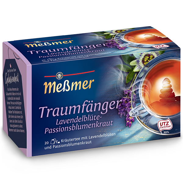 6-Kräuter (50er Packung) zeigt eine aromatische Kräuterteemischung, ideal zum Entspannen, mit einer Kombination aus Lavendelblüten und Passionsblumenkraut.