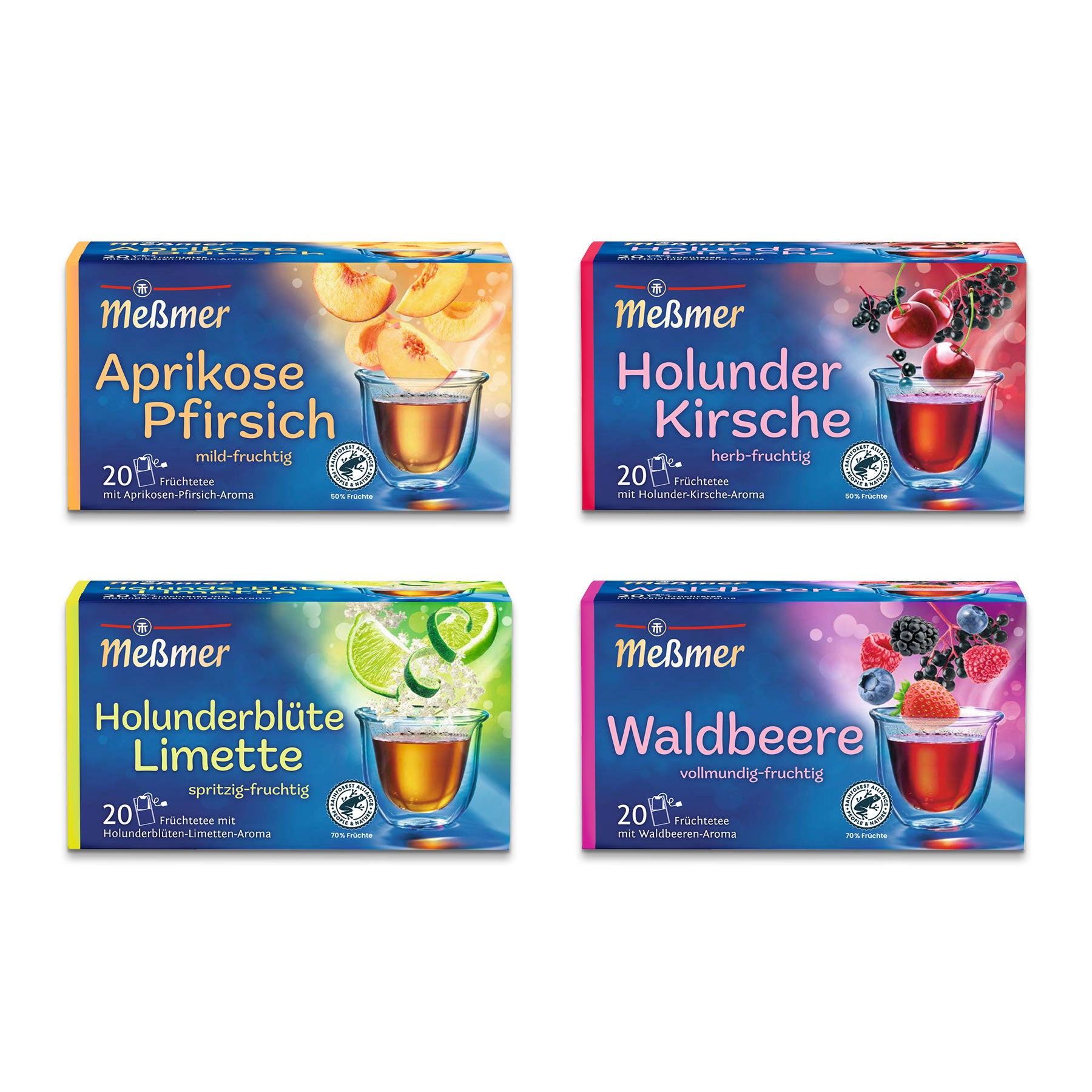 Abgebildet sind vier Schachteln Meßmer Früchtetee: Aprikose Pfirsich, Holunder Kirsche, Holunderblüte Limette und Waldbeere. Jede Schachtel enthält ein Glas Tee und Abbildungen der jeweiligen Früchte.