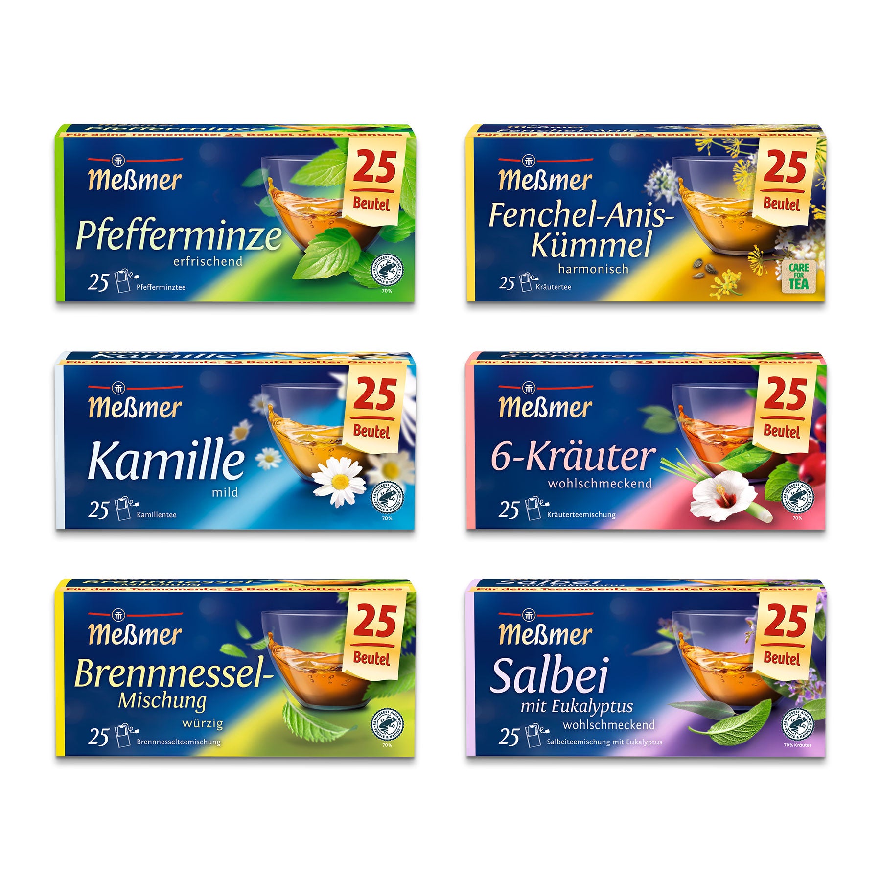 Sechs Schachteln Meßmer-Tee sind in zwei Reihen angeordnet, mit den Sorten Pfefferminze, Fenchel-Anis-Kümmel, Kamille, 6-Kräuter, Brennnesselmischung und Salbei mit Eukalyptus. Jede Schachtel enthält 25 Teebeutel.