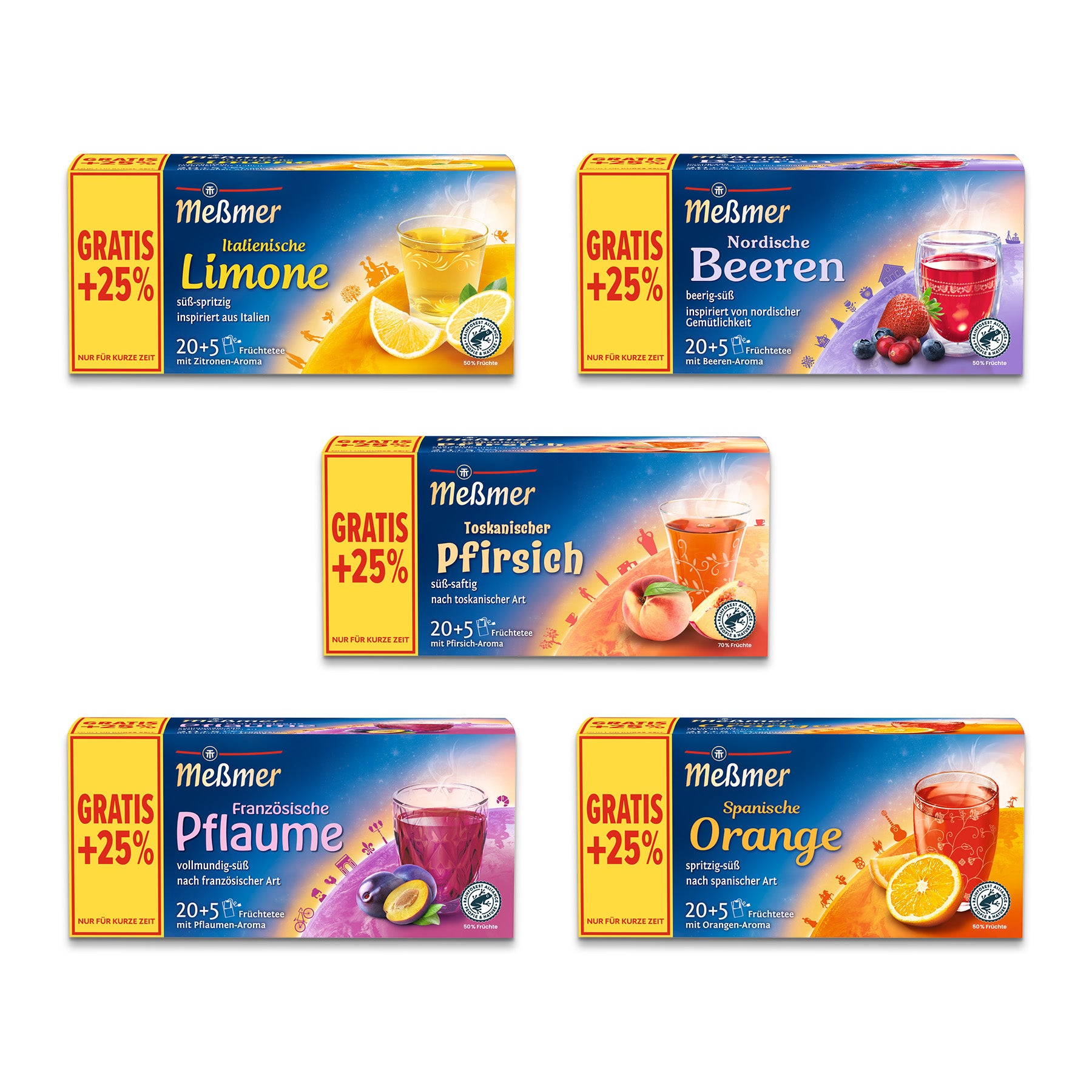 Fünf Schachteln Meßmer DE Ländertee Bestseller Set - Zitrone, Beeren, Pfirsich, Pflaume und Orange - sind jeweils mit einem GRATIS +25% Etikett und lebendigen Fruchtbildern auf weißem Hintergrund versehen.