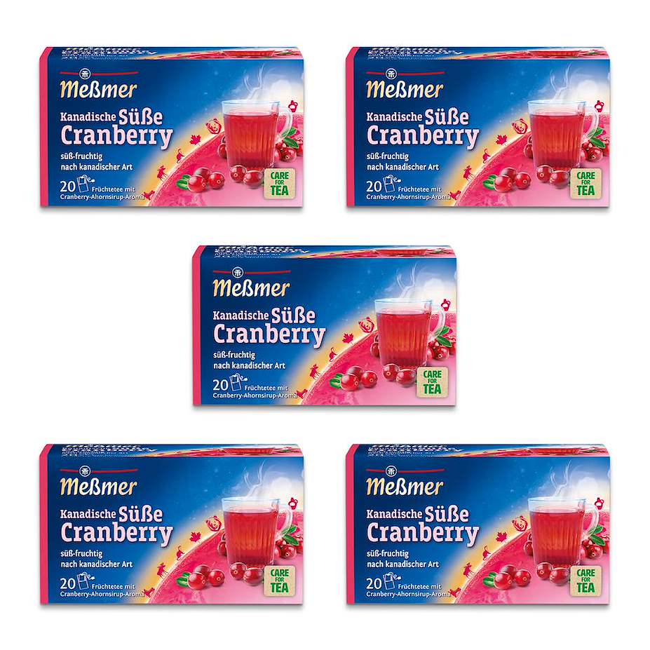 Kanadische Süße Cranberry Früchtetee in fünf Teeschachteln mit je 20 Teebeuteln auf weißem Hintergrund