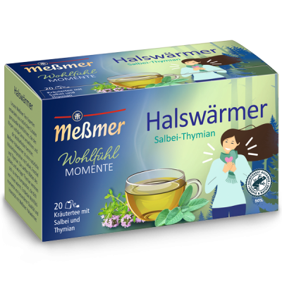 Bio Himbeere Lavendel zeigt eine Verpackung mit Kräutertee, die Wärme und Wohlbefinden symbolisiert, mit einer Illustration einer Frau und einer Tasse Tee.