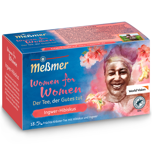 Teepackung Women for Women - Minze-Vanille mit farbenfrohem Design, das eine lächelnde Frau und florale Elemente zeigt, betont natürliche Zutaten und soziale Verantwortung.