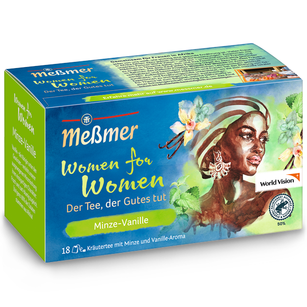 Verpackung des Women for Women - Süße Kräuter Tees mit Minze-Vanille-Aroma, farbenfrohes Design mit Porträt einer Frau und floralen Akzenten.