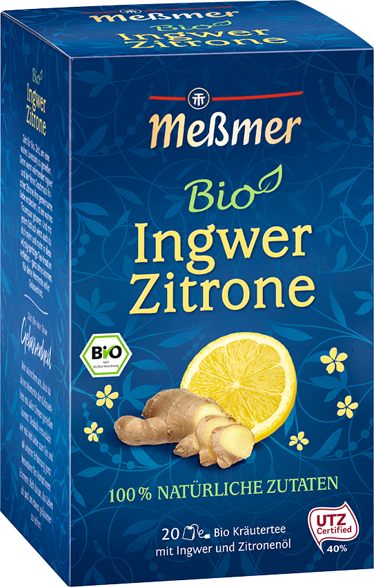 Verpackung eines Bio-Ingwer-Zitronen-Kräutertees mit natürlicher Zutat Ingwer und Zitrone, dargestellt für Elixier der Elfen.