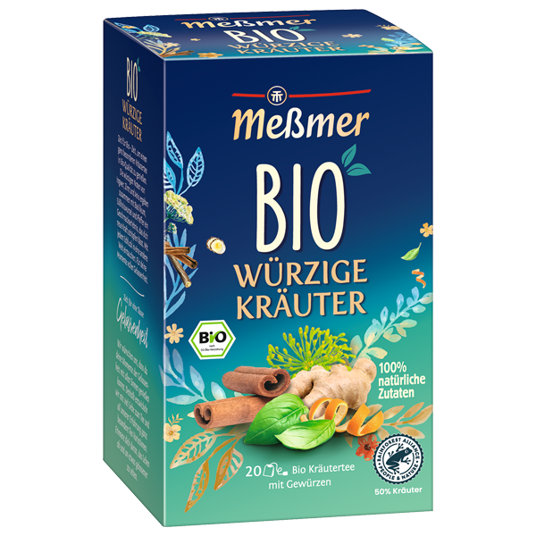 Verpackung von Messmer Bio würzigen Kräutern mit natürlichen Zutaten, Zimtstangen, Ingwer und grünen Blättern, beworben als Teil von Hawaii Kiss - Tropical Mango.