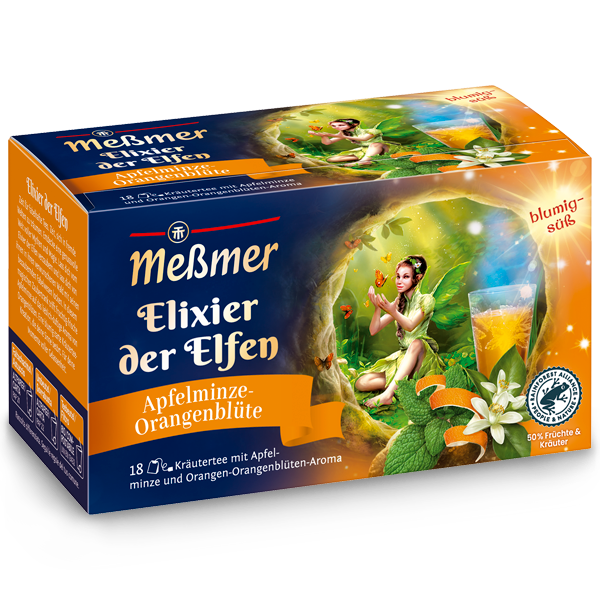 Belebung mit einem blumig-süßen Kräutertee aus Apfelminze und Orangenblüte, dargestellt in einer farbenfrohen Verpackung mit Elfenmotiv.