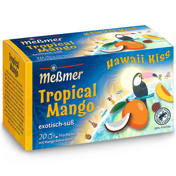 Bunte Teepackung mit tropischem Design, Vogel und Früchten, dargestellt für das Produkt Hola Mexico - Maracuja & Peach.