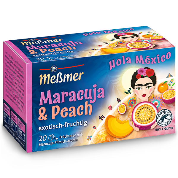 Darjeeling 50er Pack zeigt eine bunte Teeverpackung mit exotisch-fruchtigem Maracuja-Pfirsich-Aroma und lebendigem mexikanischem Design.